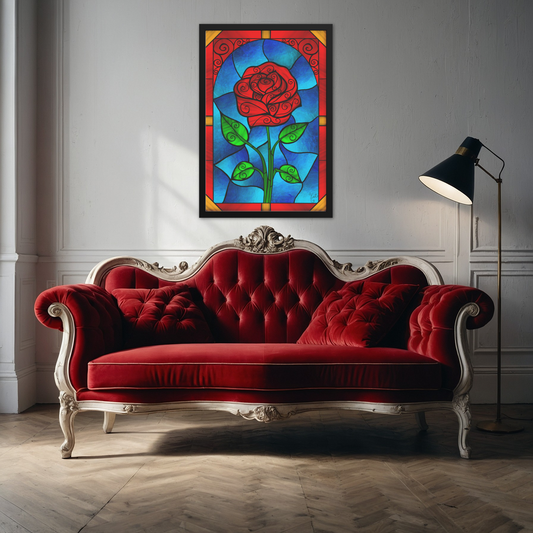 Stained Glass Swirled Red Rose | Artist Signature | Rectangle Framed Art Print