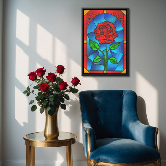 Stained Glass Swirled Red Rose | Artist Signature | Rectangle Framed Canvas