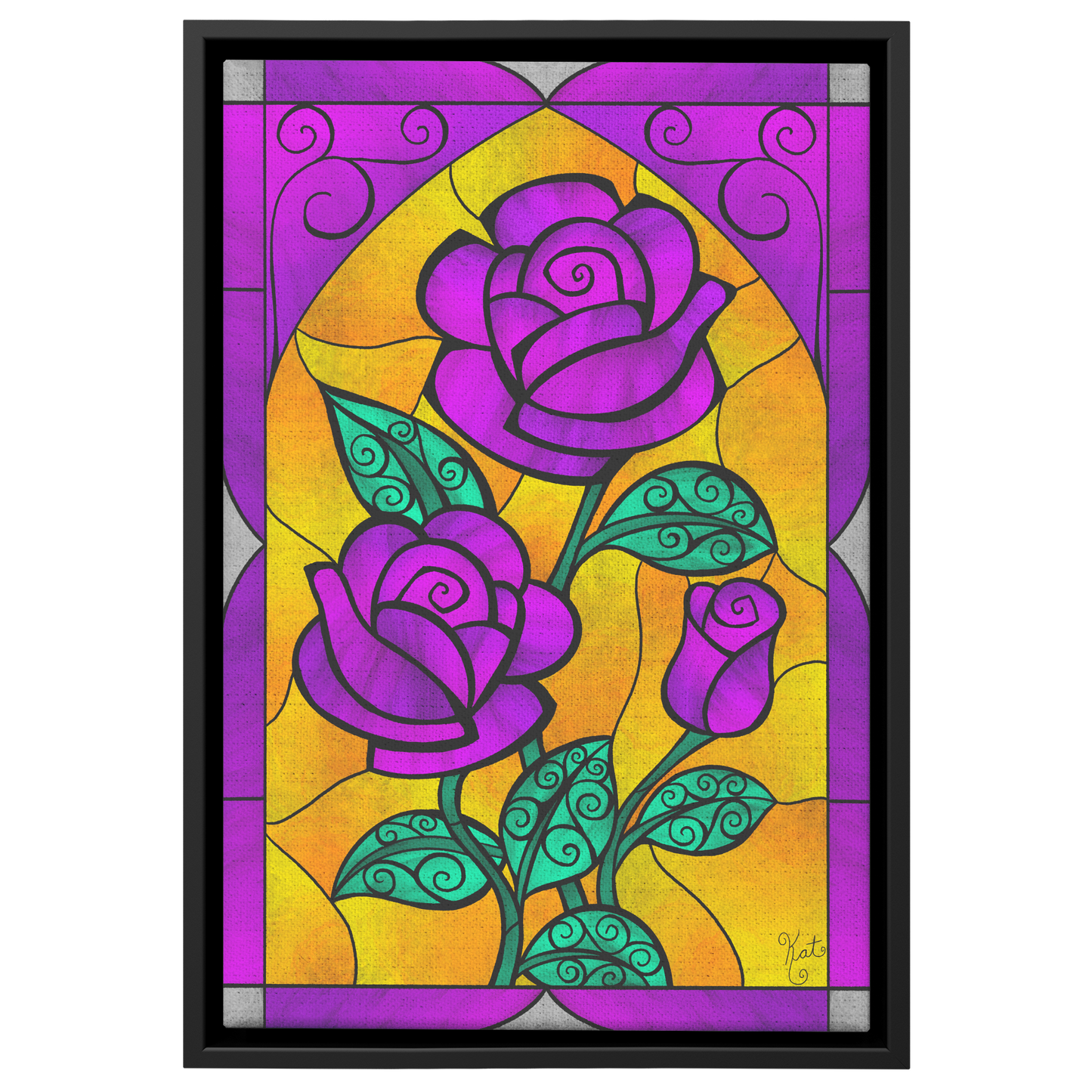 Stained Glass Swirled Purple Roses | Artist Signature | Rectangle Framed Canvas