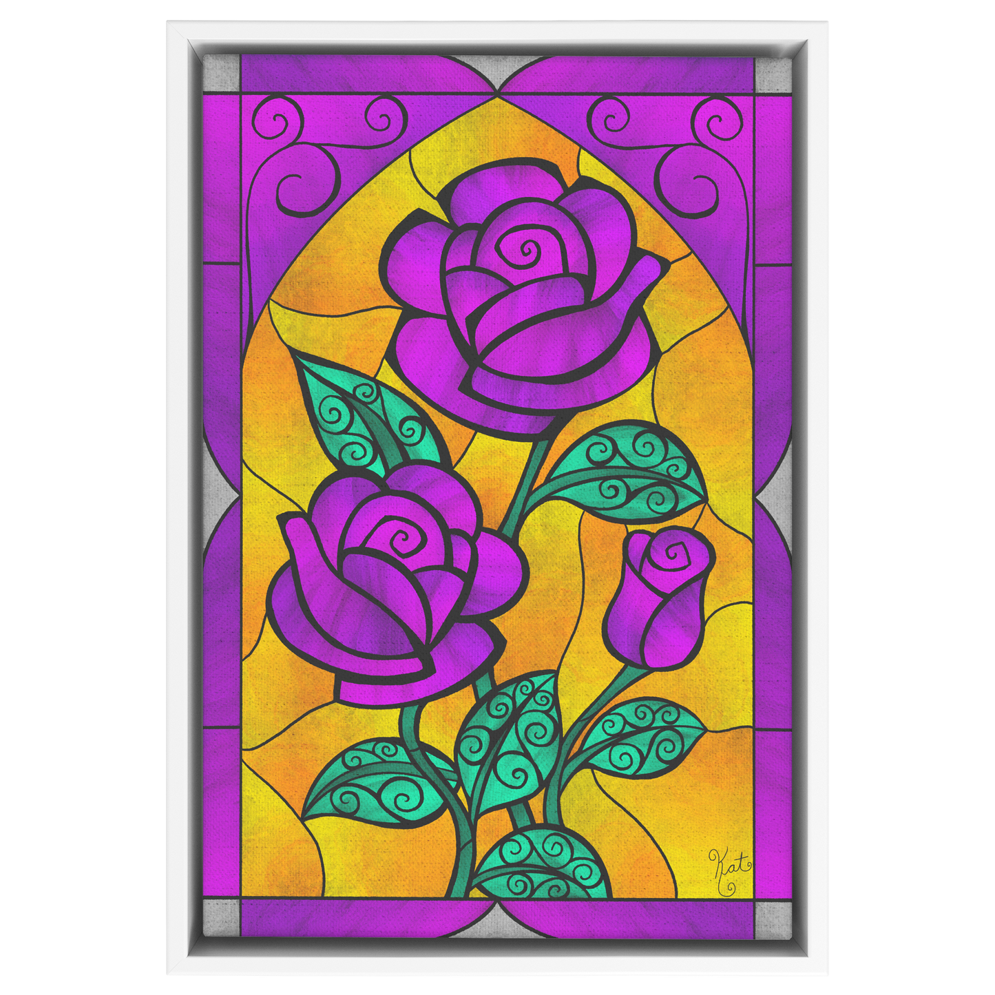 Stained Glass Swirled Purple Roses | Artist Signature | Rectangle Framed Canvas