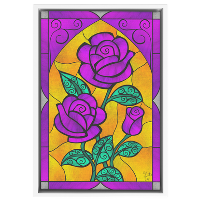 Stained Glass Swirled Purple Roses | Artist Signature | Rectangle Framed Canvas