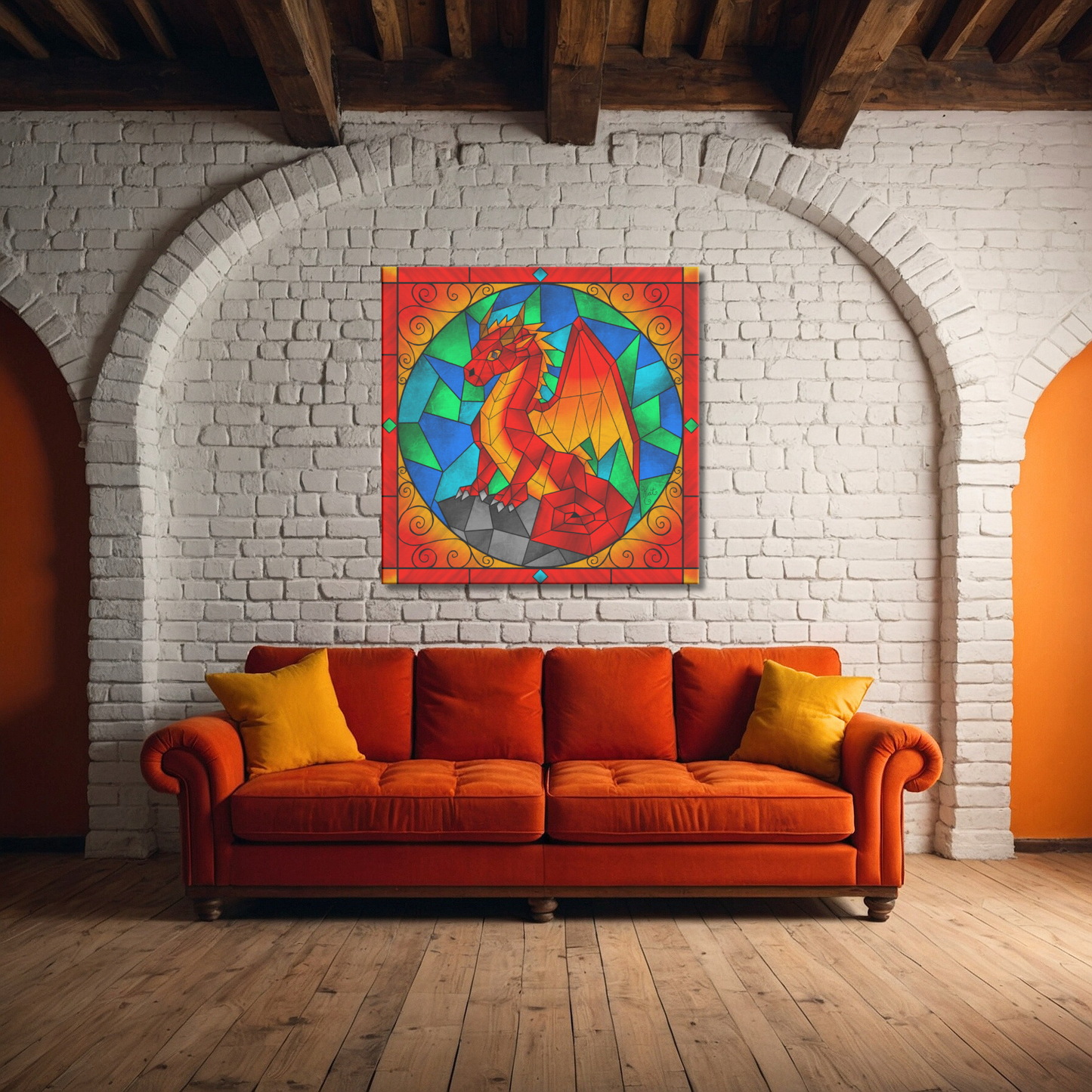 Stained Glass Geometric Red Dragon | Artist Signature | Square Canvas Wrap