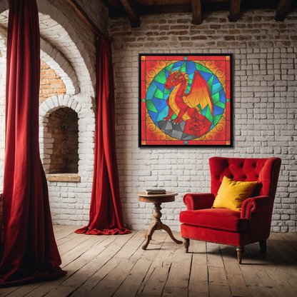 Stained Glass Geometric Red Dragon | Artist Signature | Square Framed Canvas