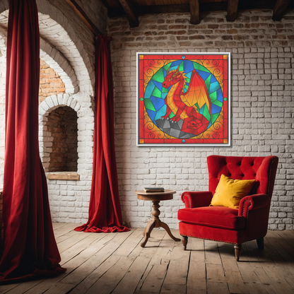 Stained Glass Geometric Red Dragon | Artist Signature | Square Framed Canvas