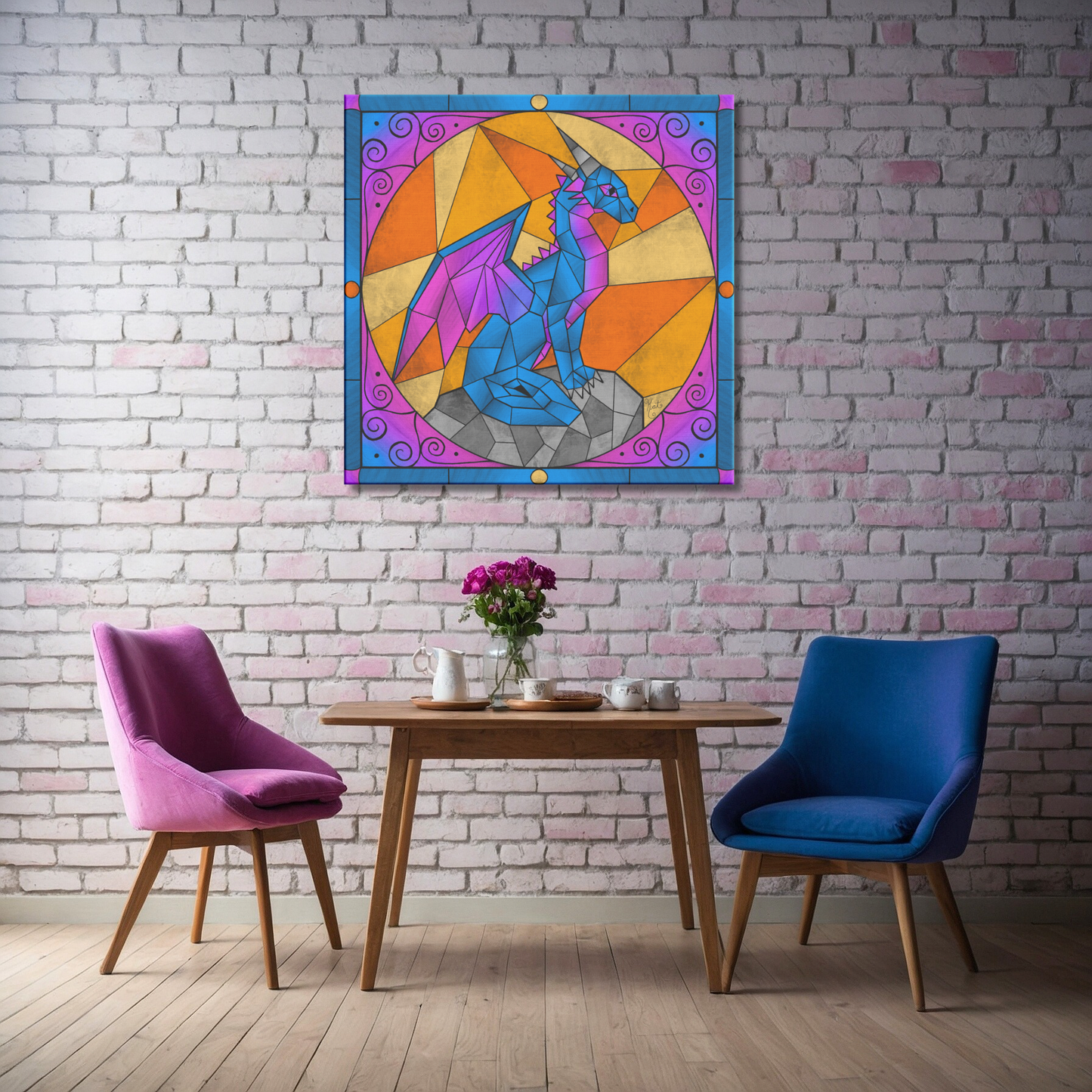 Stained Glass Geometric Blue Dragon | Artist Signature | Square Canvas Wrap