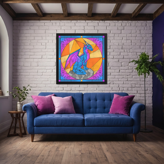 Stained Glass Geometric Blue Dragon | Artist Signature | Square Framed Art Print