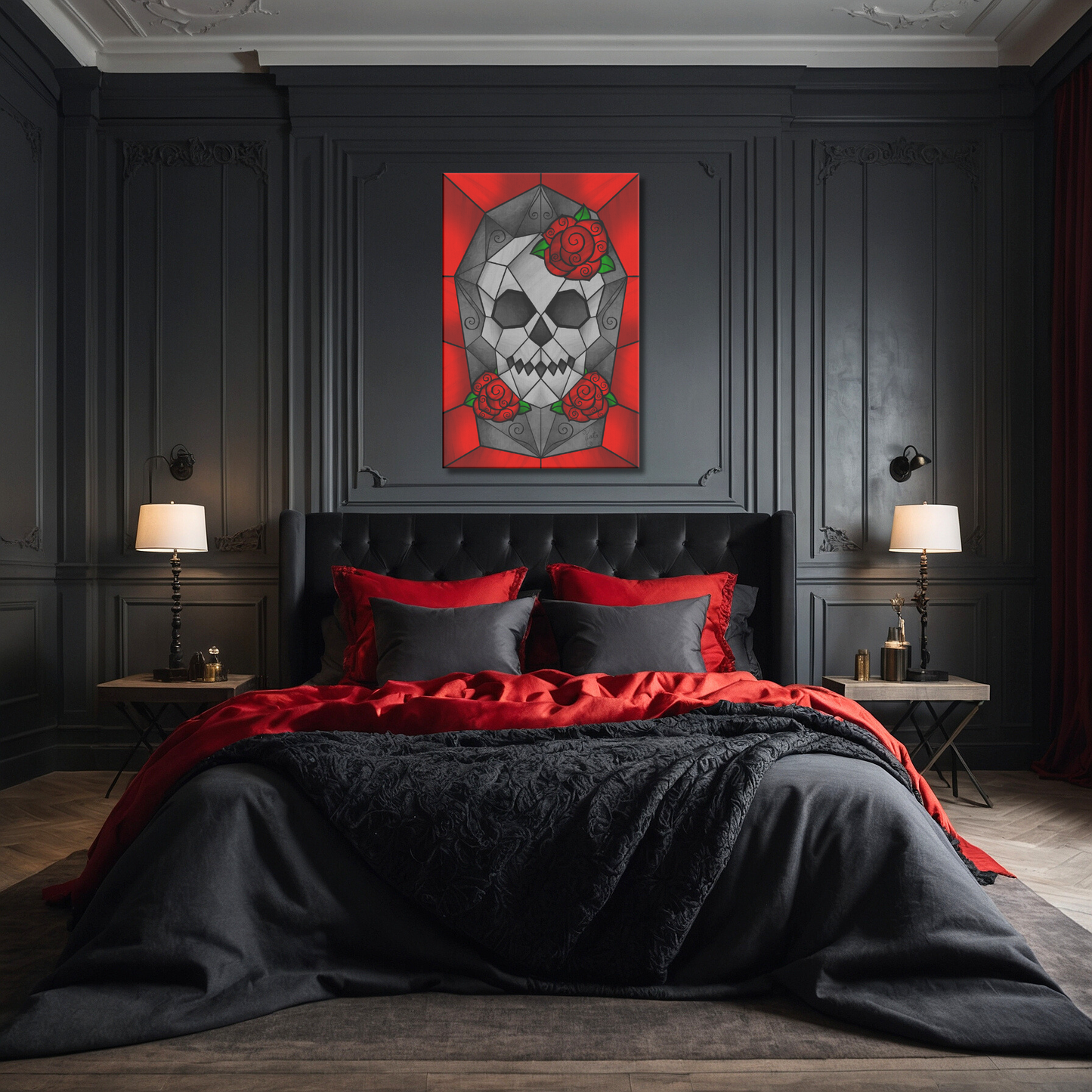 Stained Glass Geometric Skull With Swirled Red Roses | Artist Signature | Rectangle Canvas Wrap