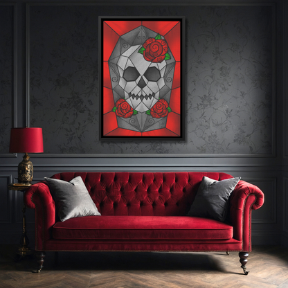 Stained Glass Geometric Skull With Swirled Red Roses | Artist Signature | Rectangle Framed Canvas