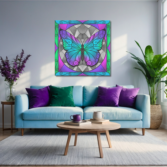 Stained Glass Swirled Butterfly | Blue, Purple, Pink & Green | Artist Signature | Square Canvas Wrap