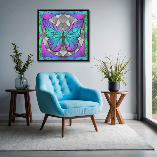 Stained Glass Swirled Butterfly | Blue, Purple, Pink & Green | Artist Signature | Square Framed Canvas