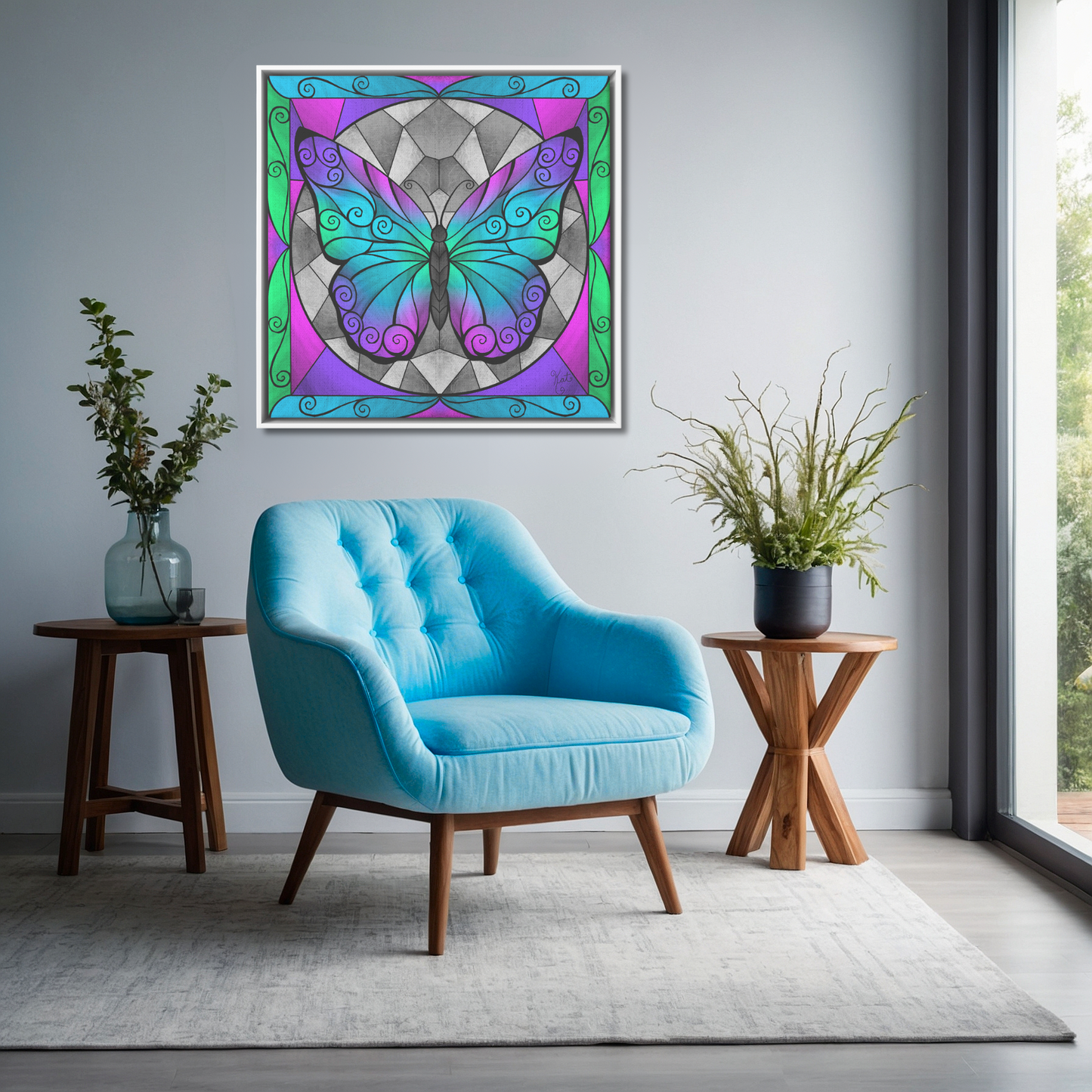 Stained Glass Swirled Butterfly | Blue, Purple, Pink & Green | Artist Signature | Square Framed Canvas