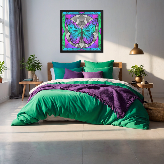 Stained Glass Swirled Butterfly | Blue, Purple, Pink & Green | Artist Signature | Square Framed Art Print