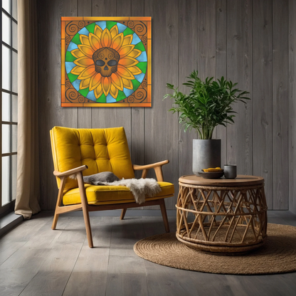 Stained Glass Skull Sunflower | Artist Signature | Square Canvas Wrap