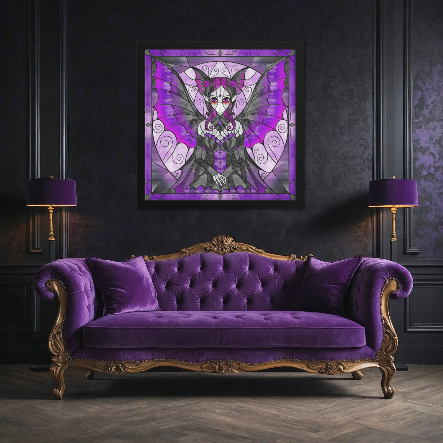 Stained Glass Violet Vampire Fairy | Artist Signature | Square Framed Art Print