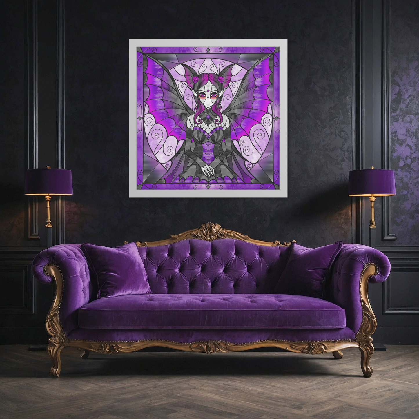 Stained Glass Violet Vampire Fairy | Artist Signature | Square Framed Art Print