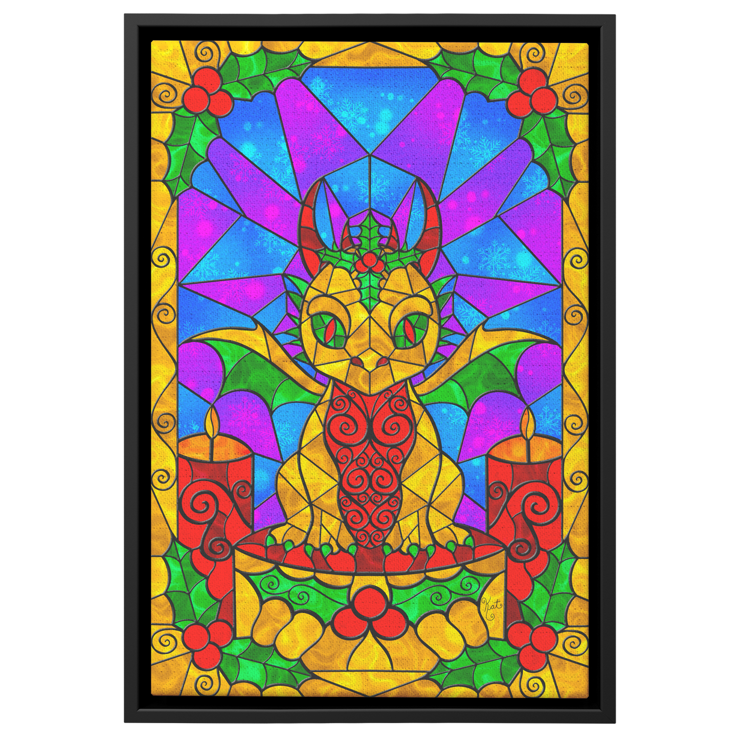 Stained Glass Golden Holly Berry Dragon | Artist Signature | Rectangle Framed Canvas