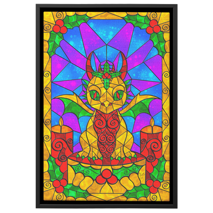 Stained Glass Golden Holly Berry Dragon | Artist Signature | Rectangle Framed Canvas