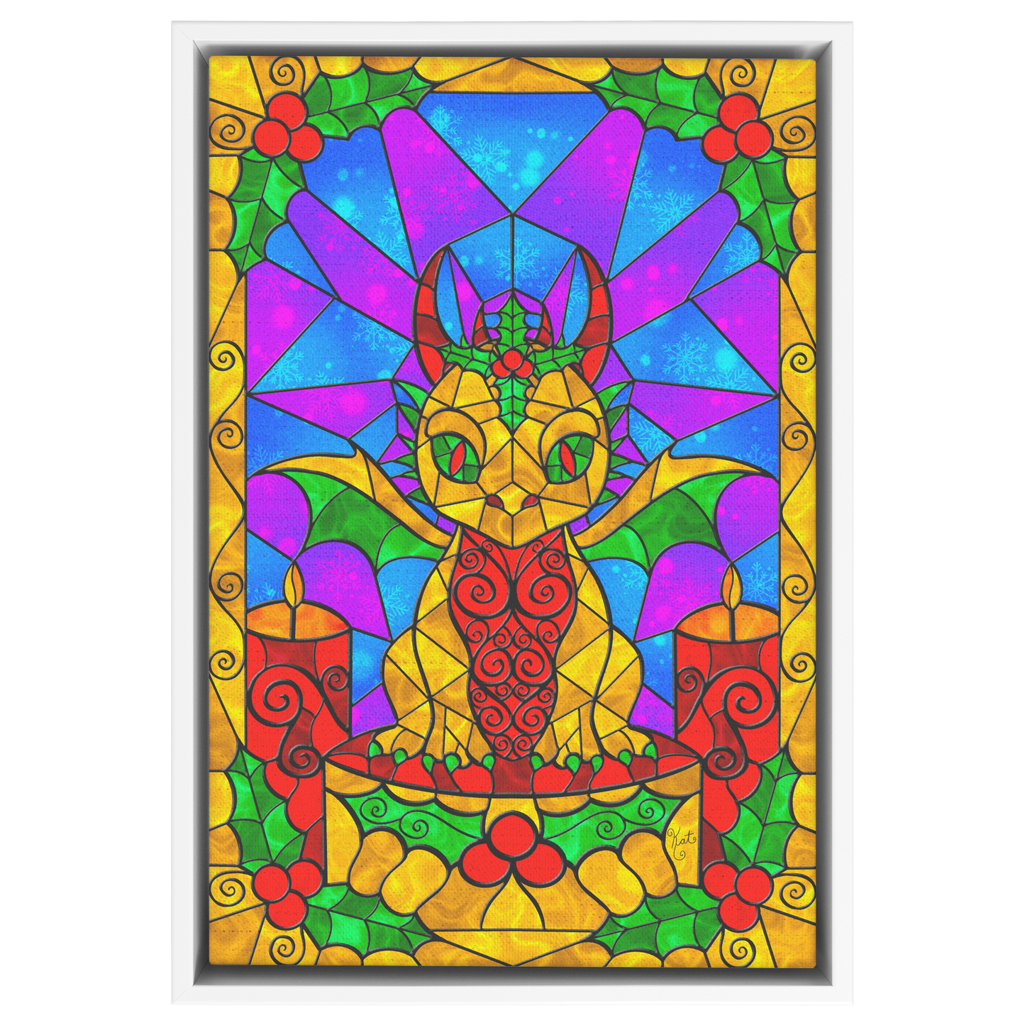 Stained Glass Golden Holly Berry Dragon | Artist Signature | Rectangle Framed Canvas