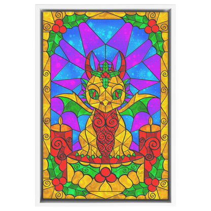 Stained Glass Golden Holly Berry Dragon | Artist Signature | Rectangle Framed Canvas