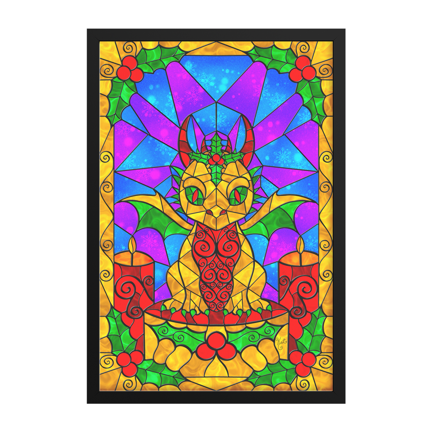 Stained Glass Golden Holly Berry Dragon | Artist Signature | Rectangle Framed Art Print