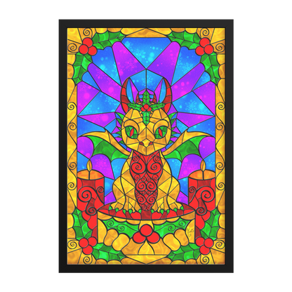 Stained Glass Golden Holly Berry Dragon | Artist Signature | Rectangle Framed Art Print