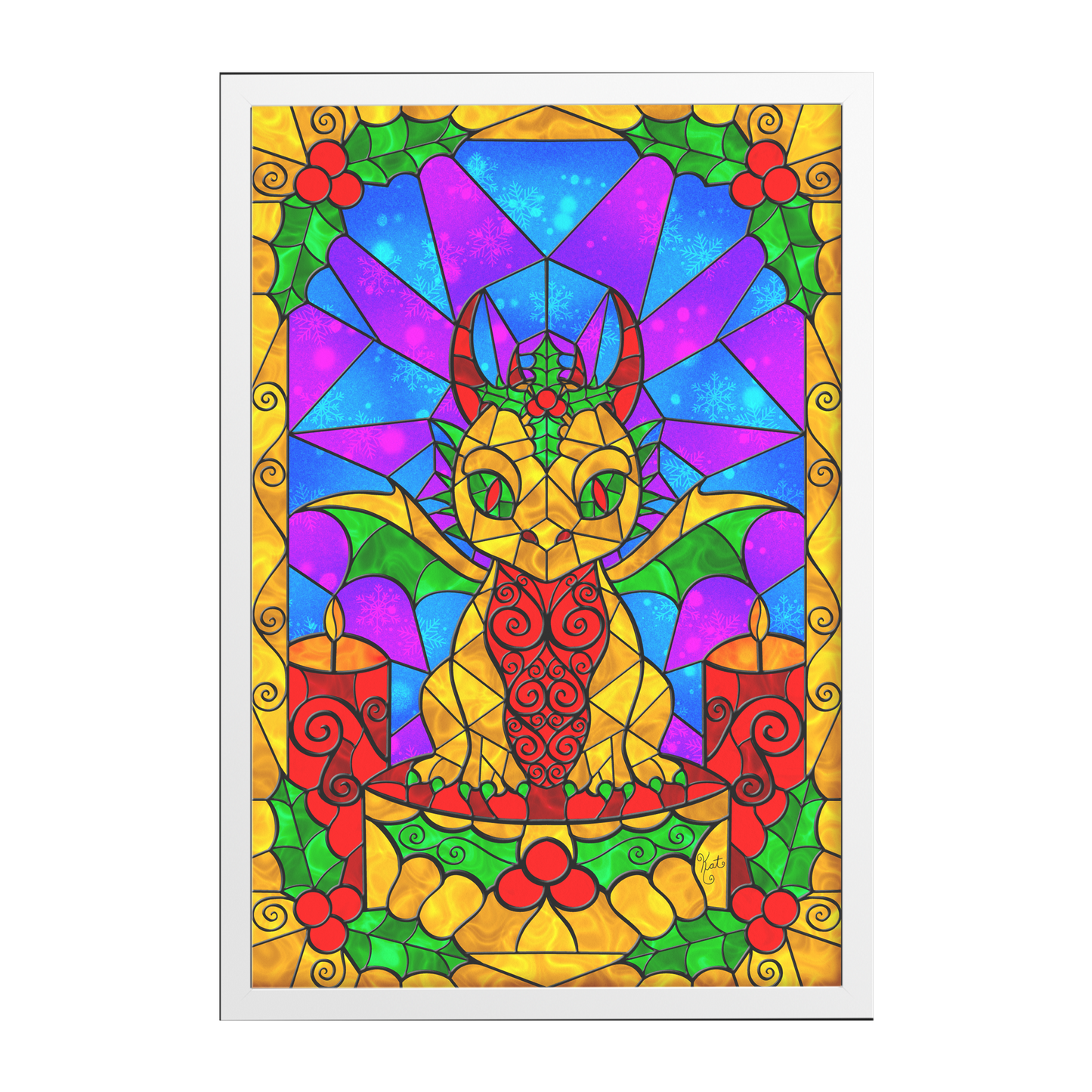 Stained Glass Golden Holly Berry Dragon | Artist Signature | Rectangle Framed Art Print