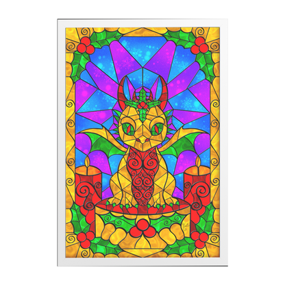 Stained Glass Golden Holly Berry Dragon | Artist Signature | Rectangle Framed Art Print