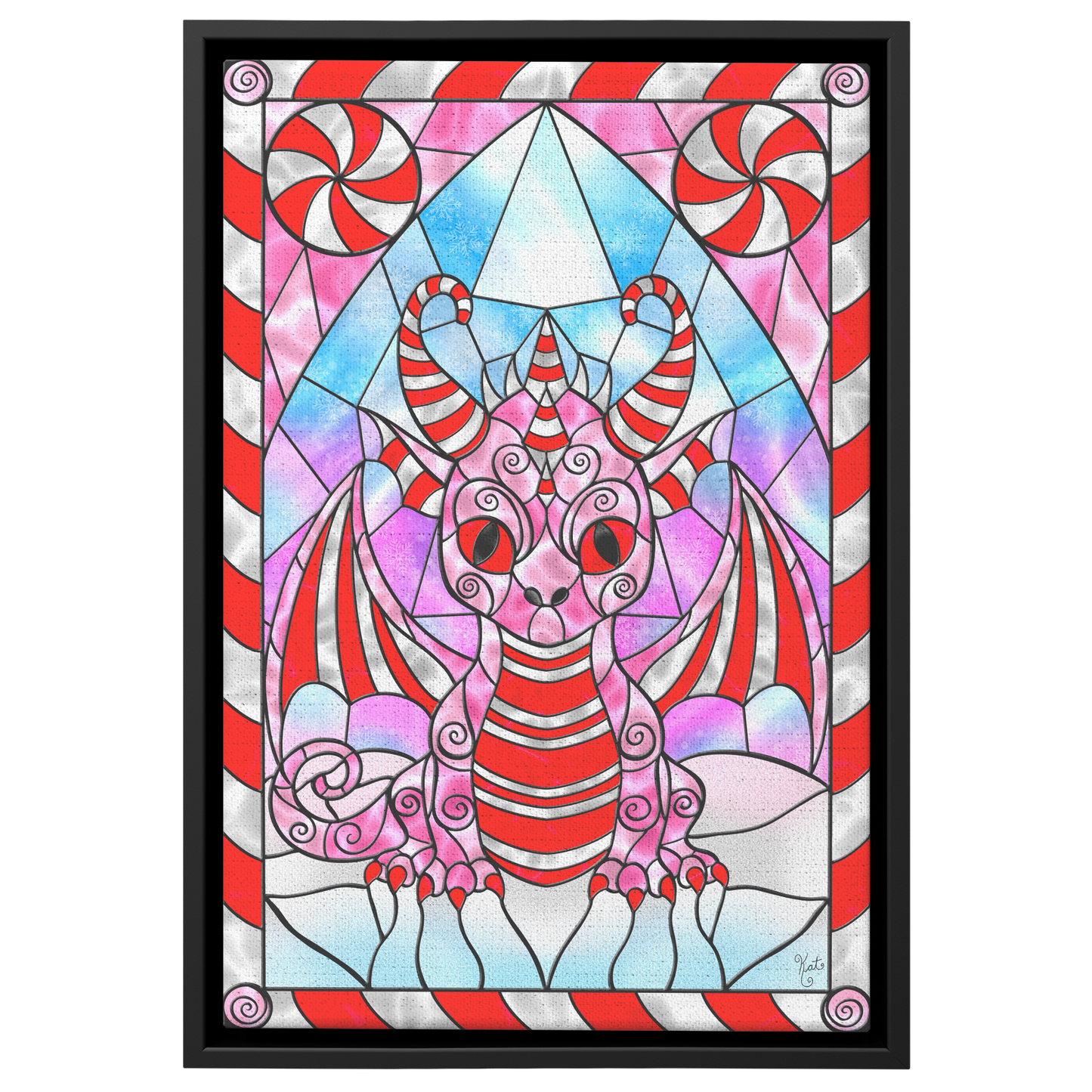 Stained Glass Candy Cane Dragon | Artist Signature | Rectangle Framed Canvas