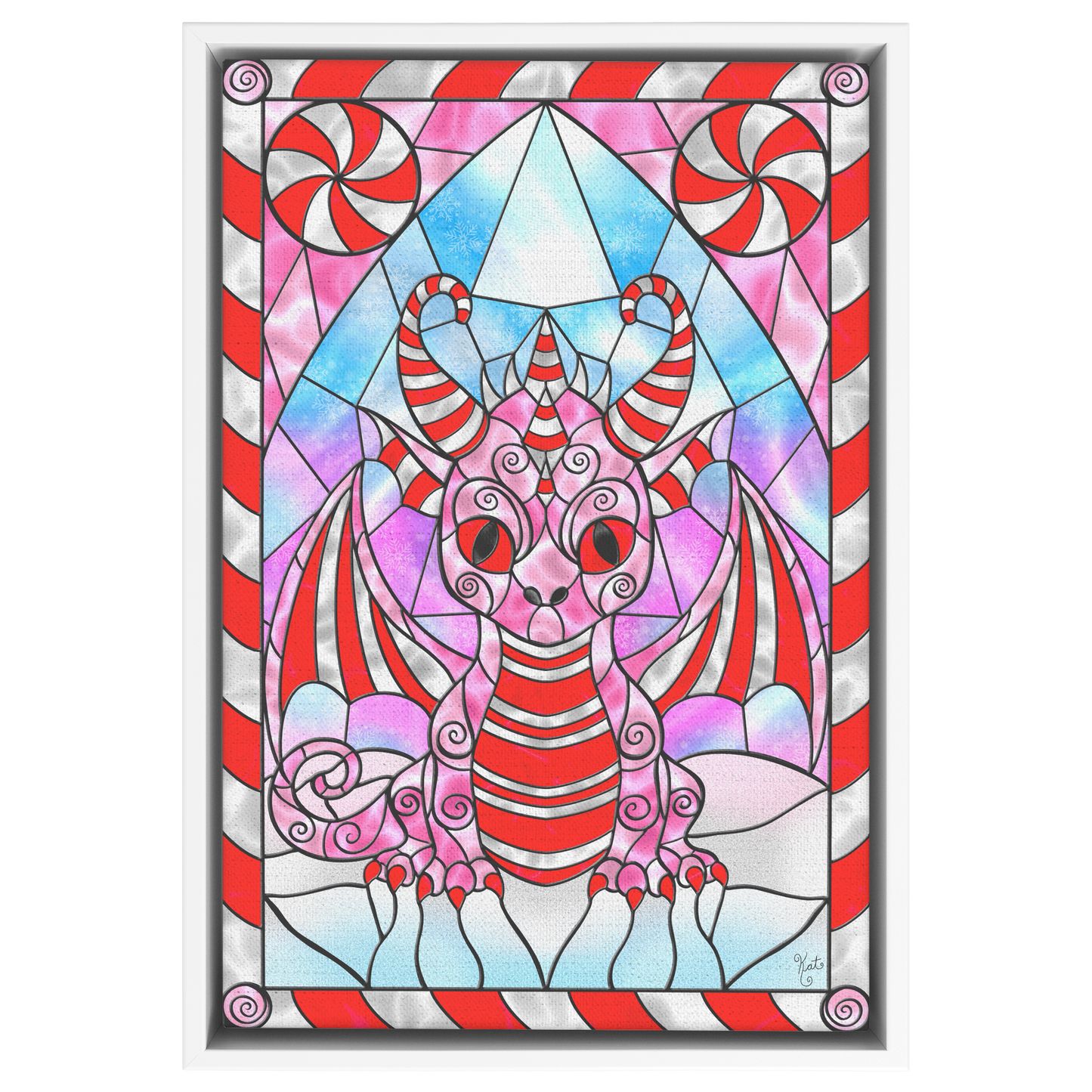 Stained Glass Candy Cane Dragon | Artist Signature | Rectangle Framed Canvas