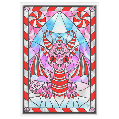 Stained Glass Candy Cane Dragon | Artist Signature | Rectangle Framed Canvas