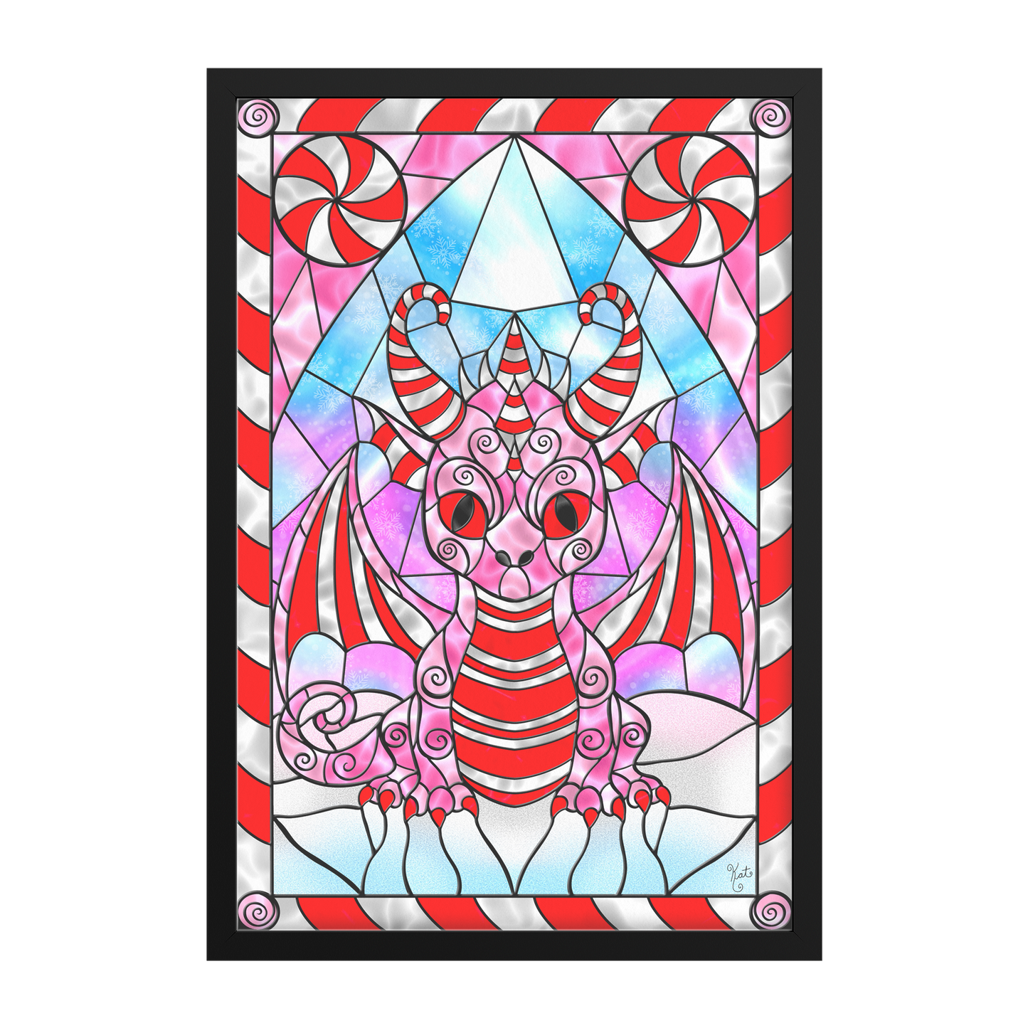 Stained Glass Candy Cane Dragon | Artist Signature | Rectangle Framed Art Print