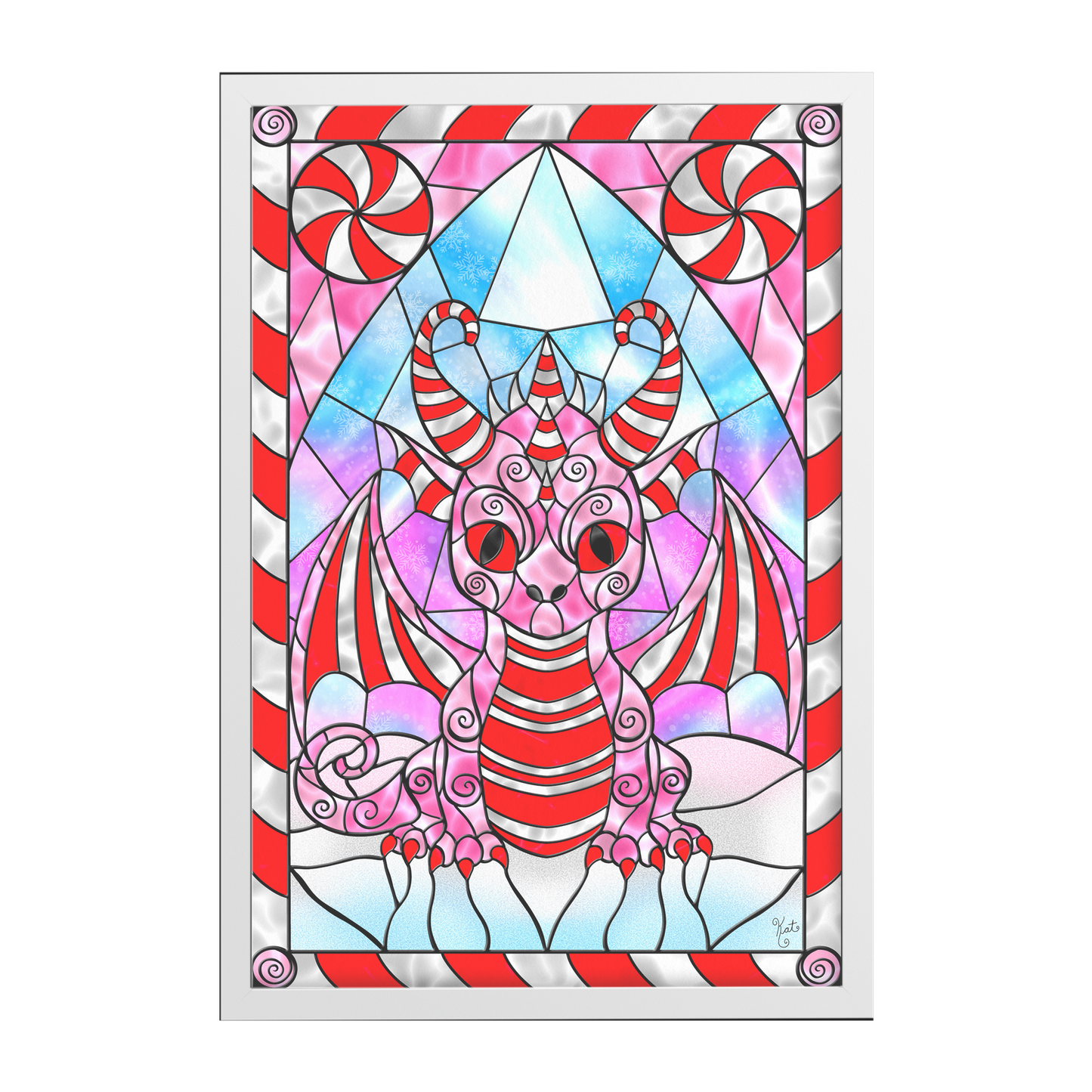 Stained Glass Candy Cane Dragon | Artist Signature | Rectangle Framed Art Print