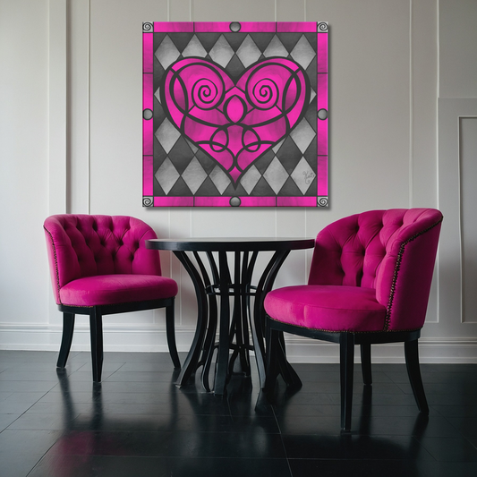 Stained Glass Swirled Pink Heart With Diamonds | Artist Signature | Square Canvas Wrap