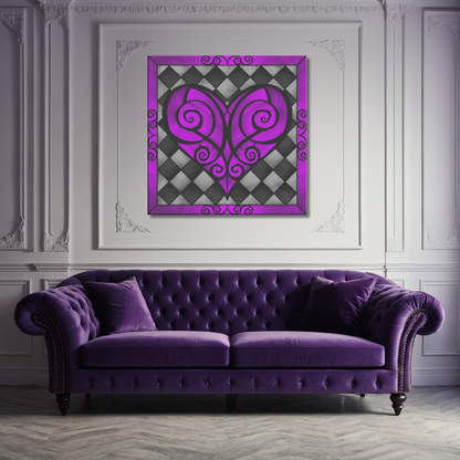 Stained Glass Swirled Purple Heart With Diamond Checkers | Artist Signature | Square Canvas