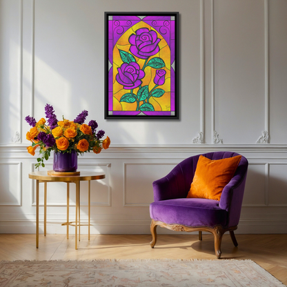 Stained Glass Swirled Purple Roses | Artist Signature | Rectangle Framed Canvas