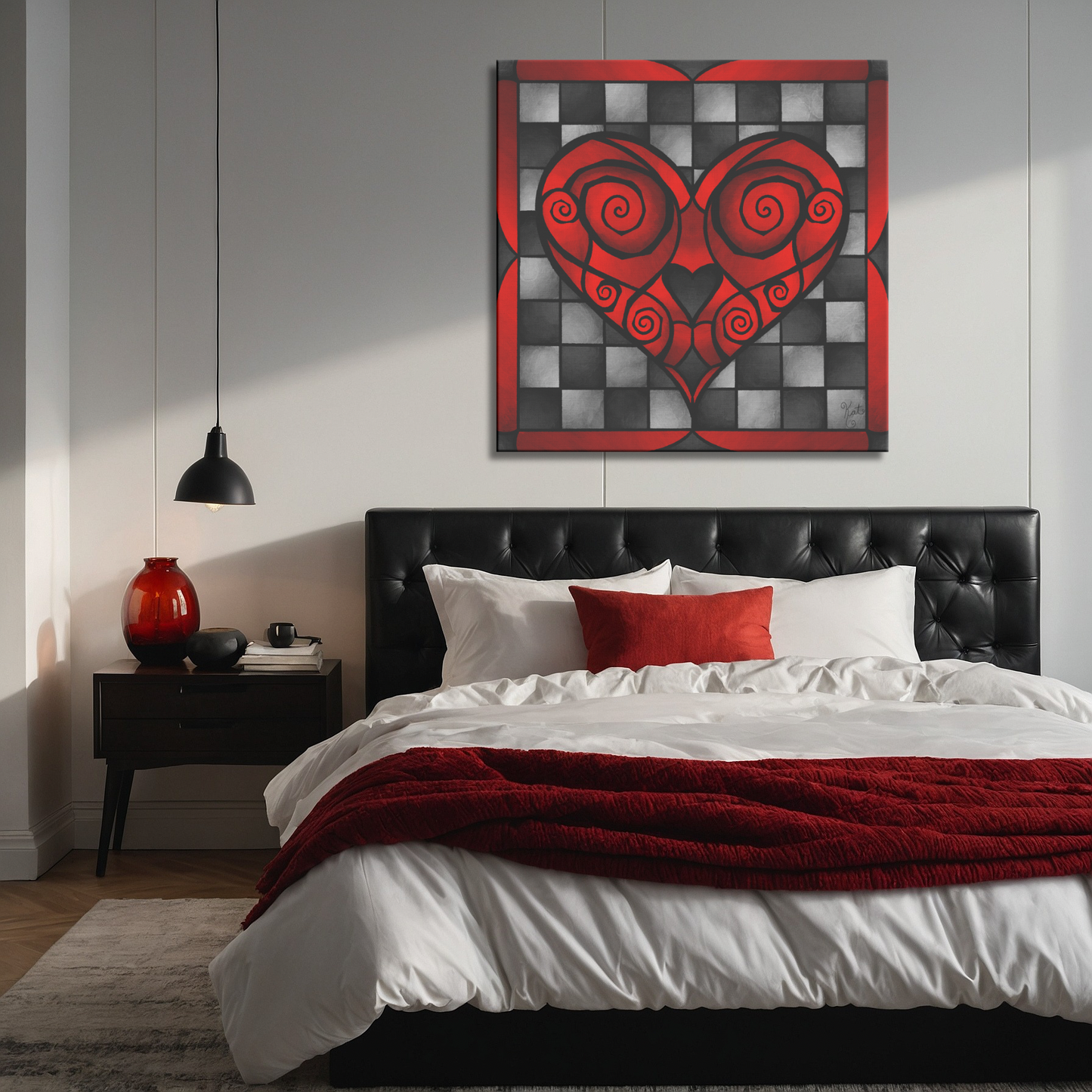 Stained Glass Swirled Red Heart With Checkers | Artist Signature | Square Canvas