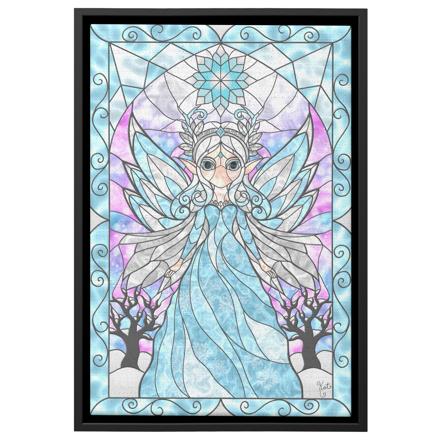 Stained Glass Winter Fairy Queen | Artist Signature | Rectangle Framed Canvas