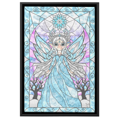 Stained Glass Winter Fairy Queen | Artist Signature | Rectangle Framed Canvas