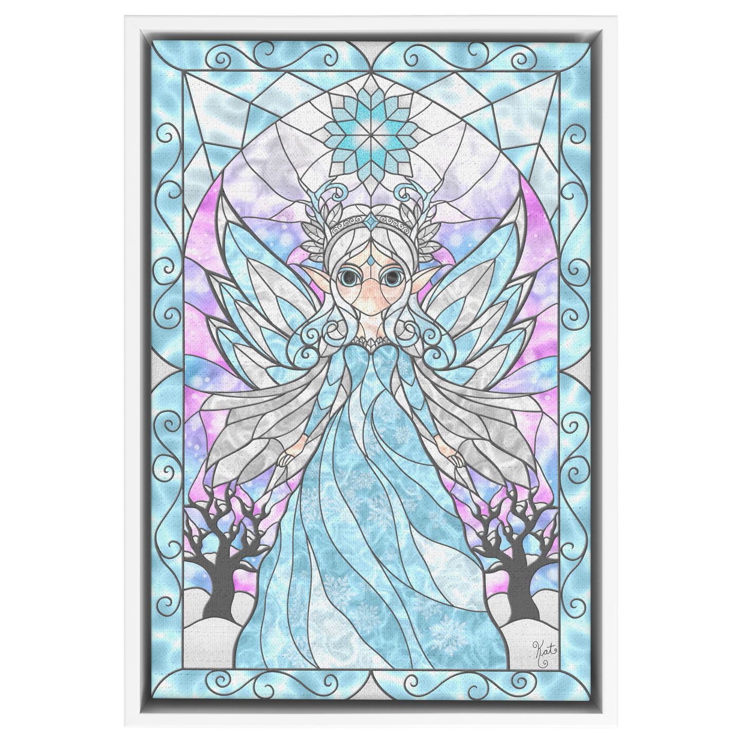 Stained Glass Winter Fairy Queen | Artist Signature | Rectangle Framed Canvas