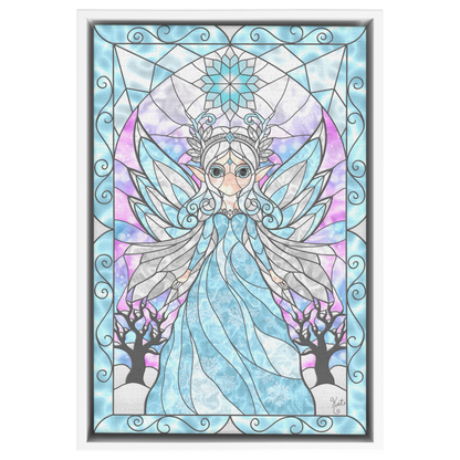 Stained Glass Winter Fairy Queen | Artist Signature | Rectangle Framed Canvas