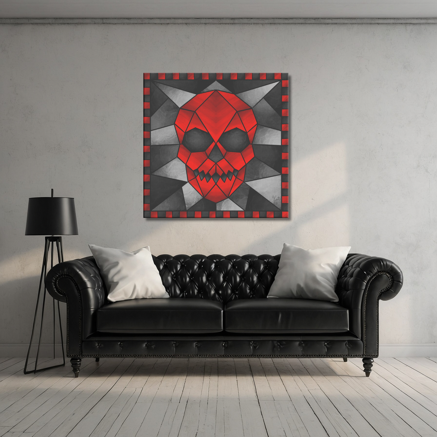 Stained Glass Geometric Red Skull | Artist Signature | Square Canvas