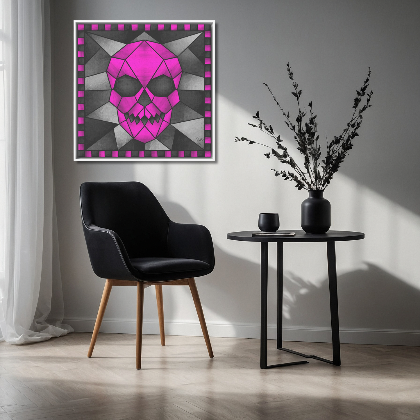 Stained Glass Geometric Pink Skull | Artist Signature | Square Framed Canvas