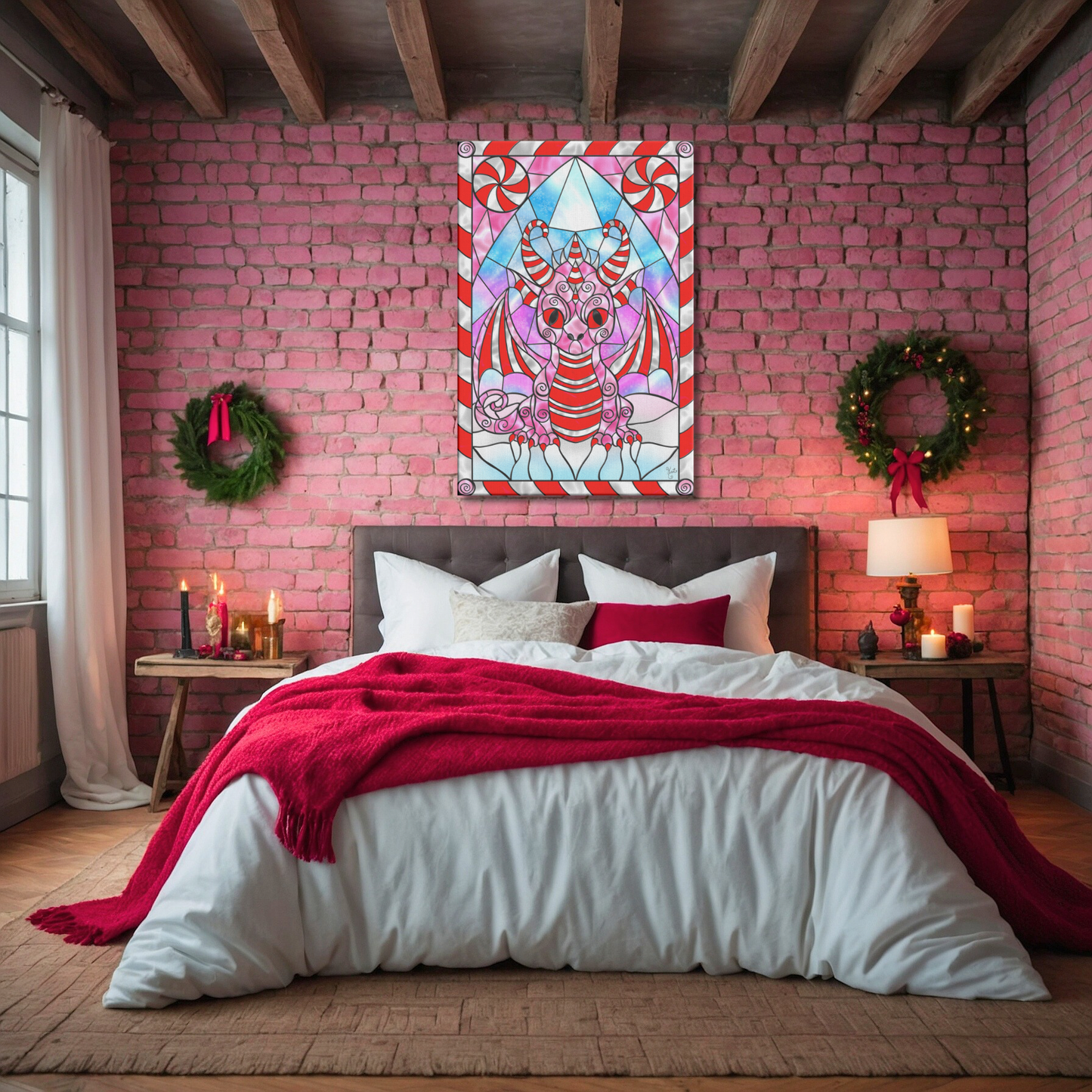 Stained Glass Candy Cane Dragon | Artist Signature | Rectangle Canvas Wrap