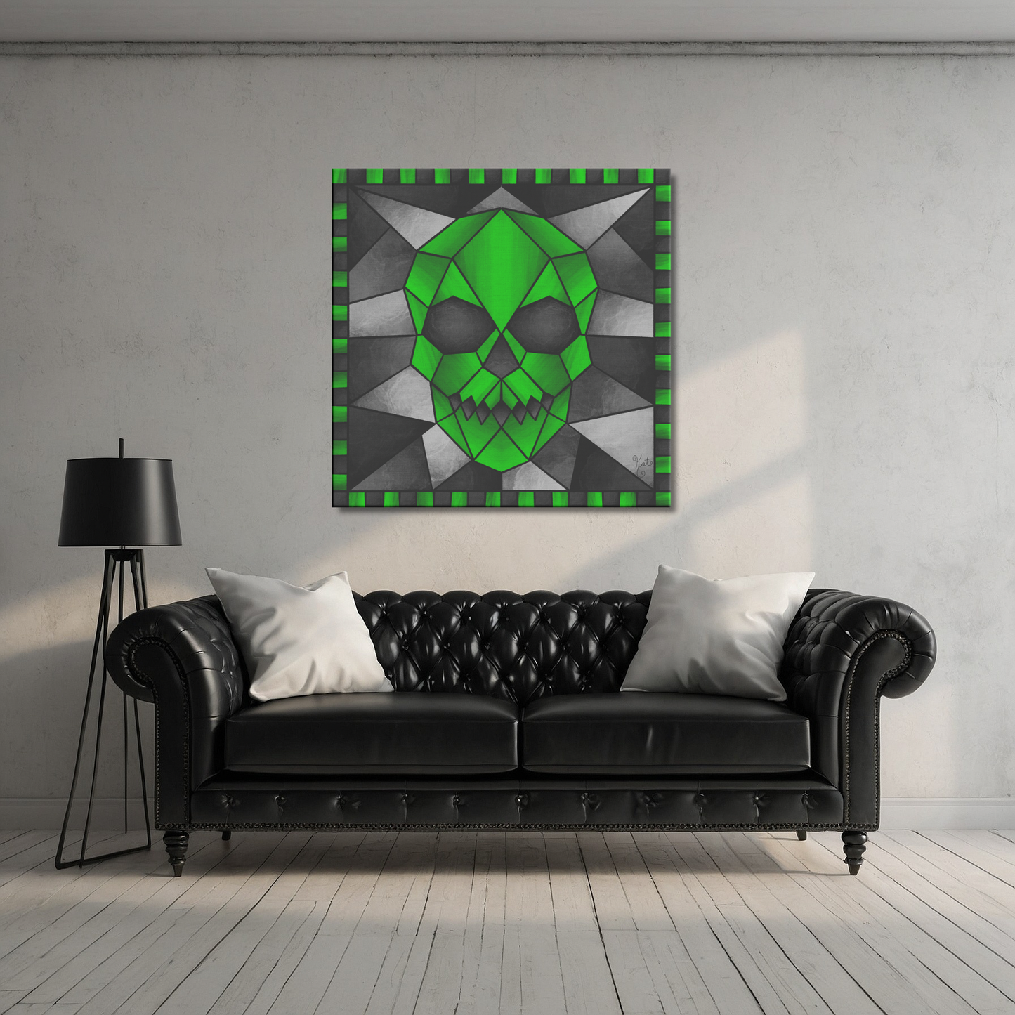 Stained Glass Geometric Green Skull | Artist Signature | Square Canvas