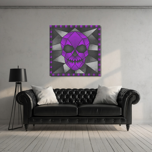 Stained Glass Geometric Purple Skull | Artist Signature | Square Canvas