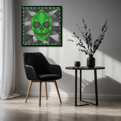 Stained Glass Geometric Green Skull | Artist Signature | Square Framed Canvas