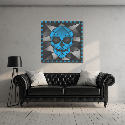 Stained Glass Geometric Blue Skull | Artist Signature | Square Canvas