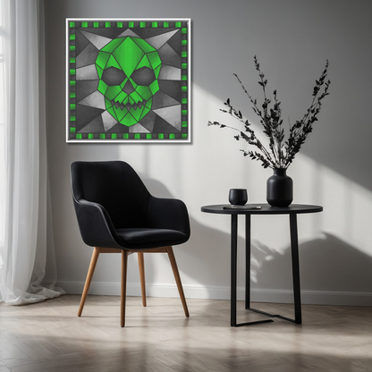 Stained Glass Geometric Green Skull | Artist Signature | Square Framed Canvas