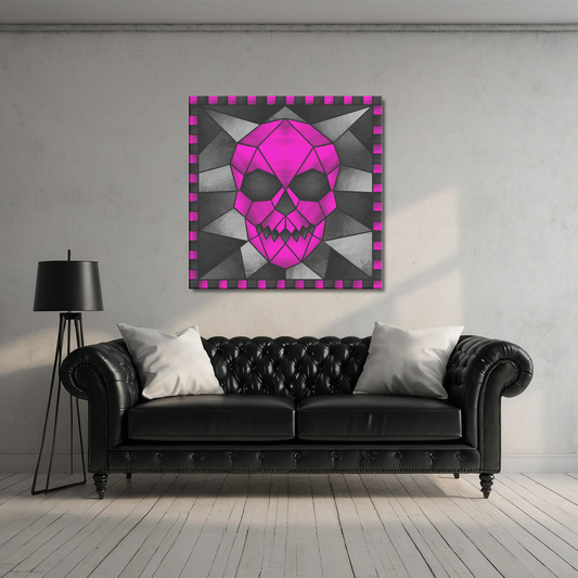 Stained Glass Geometric Pink Skull | Artist Signature | Square Canvas Wrap