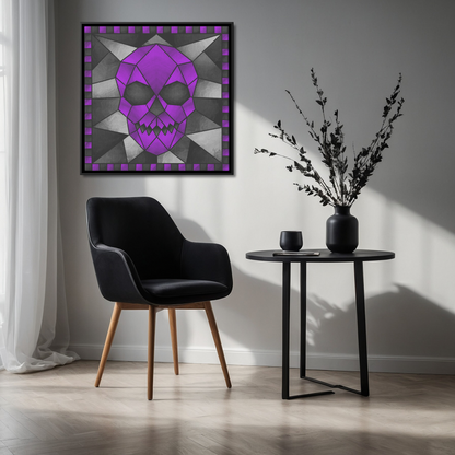 Stained Glass Geometric Purple Skull | Artist Signature | Square Framed Canvas